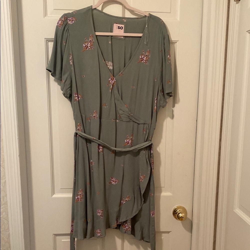 SO Green Asymmetrical Wrap Sundress with Flutter Sleeves